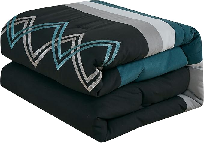 Chezmoi Collection Arden 7-Piece Modern Pleated Stripe Embroidered Zigzag Bedding Comforter Set (Oversized King, Teal/Black/Gray)