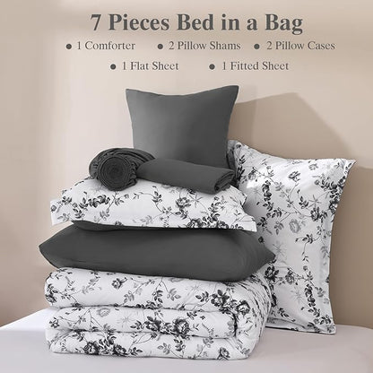 Luxudecor Floral King Comforter Set 7 Pieces Bed in a Bag, Black Rose Romantic Flower Bed Set, Soft Reversible Comforter with Sheet Set 104"x90"