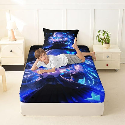 Erosebridal 3D Japanese Girl Fitted Sheet for Boys Girls Kids Blue Butterfly Decorations Twin Bed Sheets,Cartoon Sheets Anime Gifts for Her Bedding Sets, No Top Sheet