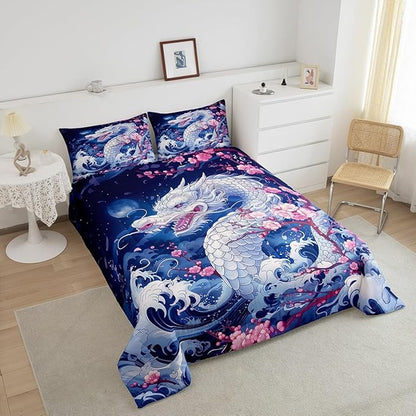 Dragon Comforter Set Queen Size,Japanese Style Pink Cherry Blossom Bedding Set 3Pcs,Kids Girls Boys Teens Bedroom Decor,Blue Sea Waves Quilt Set Magical Wild Animals Duvet Insert,2 Pillowcases