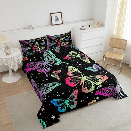 Erosebridal Butterfly Comforter Set Queen Starry Sky Galaxy Colorful Ombre Butterflies Bedding Sets for Kids Girls Teens Women Cartoon Bedding Comforters & Sets Room Decor with 2 Pillow Cases