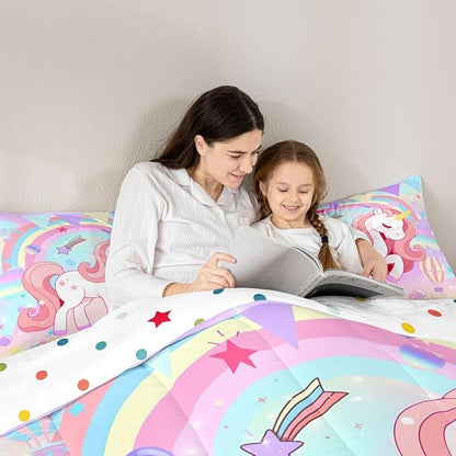 Erosebridal Unicorn Full Bedding Sets for Girls Cute Rainbow Unicorn Comforter Set Bedroom Decor for Girls Kids Horse Duvet Set Ombre Bedding Stars Magical Animal Down Comforter Reverse 3Pcs