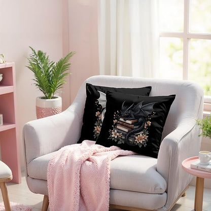 Vintage Magical Black White Dragon Reading Book Decor Throw Pillow Covers 18x18 Set of 2, Fantasy Room Decor for Kids, Gamers, and Bookworms,Reading Nook Decor, Gifts for Bookworm Readers(78)
