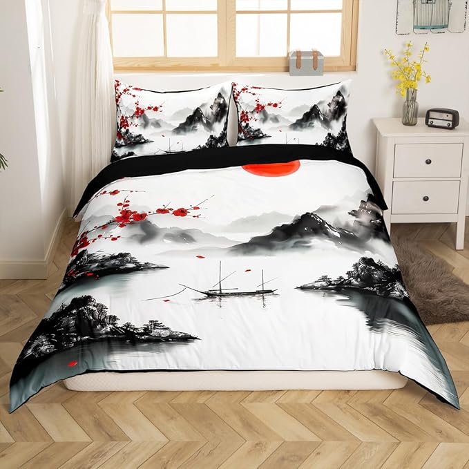 Feelyou Japanese Ukiyoe Theme Bedding Set Toddle Size Cherry Blossom Duvet Cover for Adult Kids Boys Girls Watercolor Comforter Cover Set Natural Landscape Bedspread Cover 2Pcs Zipper