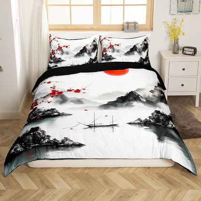 Feelyou Japanese Ukiyoe Theme Bedding Set Queen Size Cherry Blossom Duvet Cover for Adult Kids Boys Girls Watercolor Comforter Cover Set Natural Landscape Bedspread Cover 3Pcs Zipper