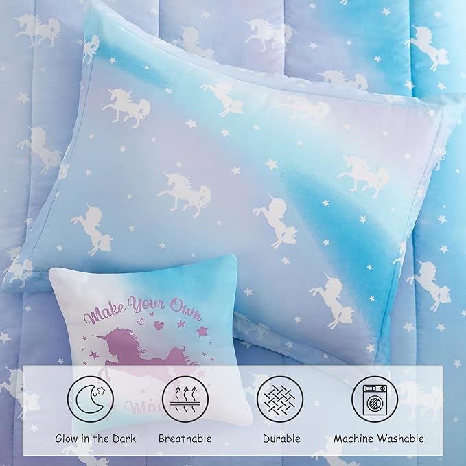 Full Size Comforter Set for Girls-4 Pieces Unicorn Glow in the Dark Full Bedding Sets for Kids, 1 Comforter, 2 Shams and 1 Decor Pillow