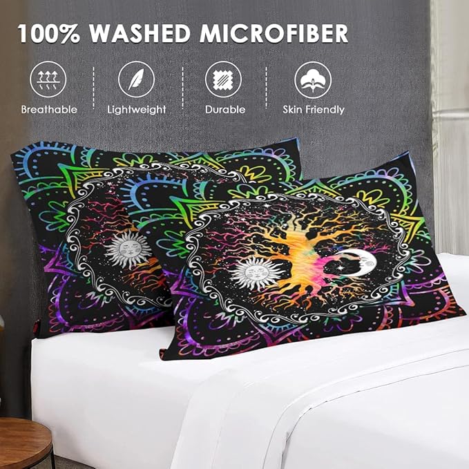 King Size Comforter Set with 2 Pillowcases, Astrology Zodiac Tree of Life 3 Pcs Bedding for Kids and Adults, Colorful Sun and Moon Tarot Soft Comforter Set for Bedroom Bed Decor
