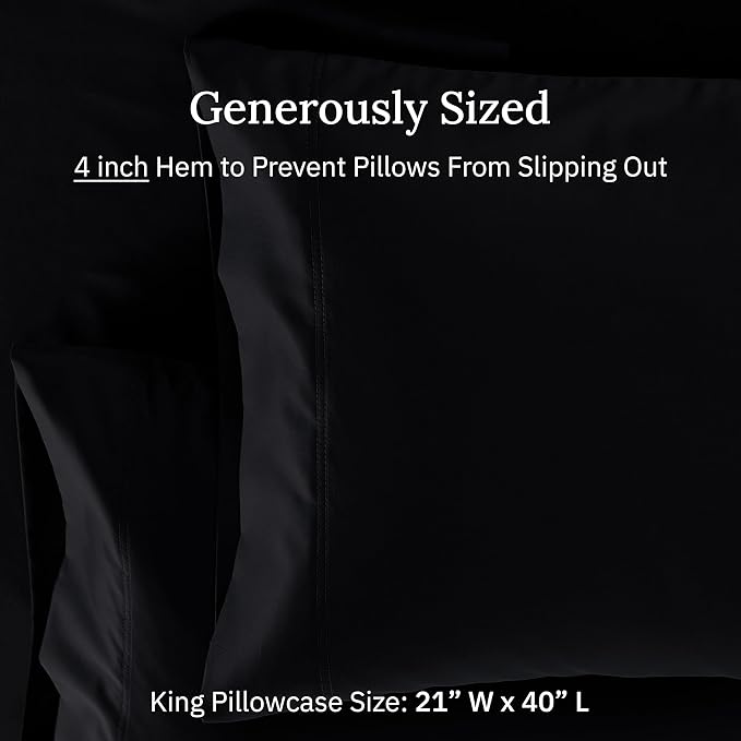 California Design Den Premium Pillow Cases King Size Set of 2-600 Thread Count Sateen, Natural 100% Cotton King Pillowcases, Crisp, Durable Bedding - Black