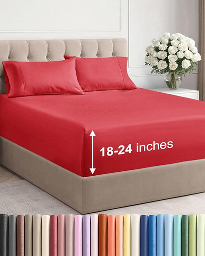Extra Deep Twin XL Sheet Set - 4 Piece Breathable and Cooling Sheets - Hotel Luxury Bedding for Women, Men, Kids & Teens - Easy & Secure Fit - Soft, Wrinkle Free and Comfy - Extra Deep Pockets - Red