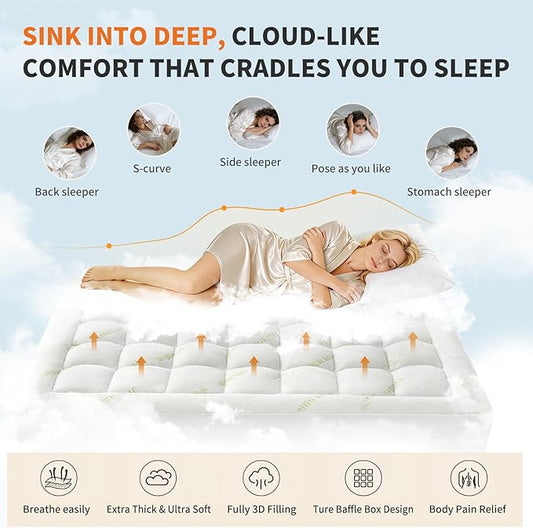 Sweetcrispy Ultra Soft Mattress Topper Twin Size - Viscose Made from Bamboo Pillow Top Mattress Pad for Breathable Cooling & Back Pain Relief, Deep Pocket Comfort Bed Topper, Green