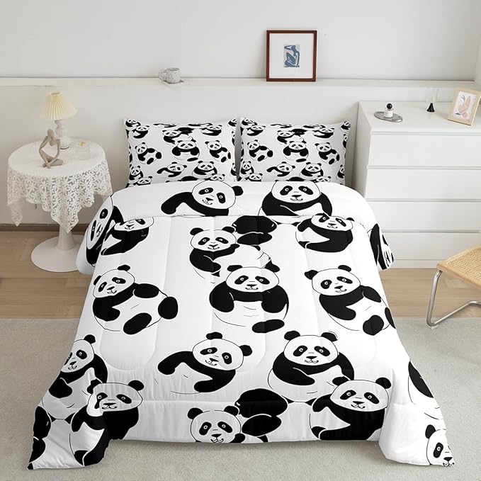 Erosebridal Cartoon Panda Comforter Set, Cute Panda Down Comforter Twin, Wildlife Animal Quilted Duvet, Animal Comforter Set for Nursery Toddler Kids Boys Girls, Soft Breathable Duvet Insert