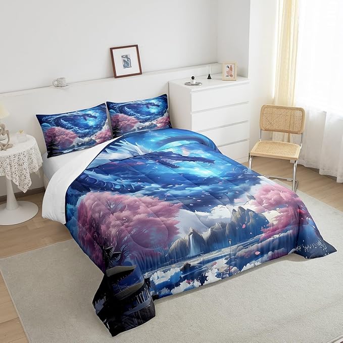 Dragon Comforter Set,Pink Cherry Blossom Printed Bedding Set Queen Size 3Pcs,Kids Boys Girls Room Decor Starry Sky Mountains Quilt Set Western Magical Style Animals Theme Duvet Insert,2 Pillowcases