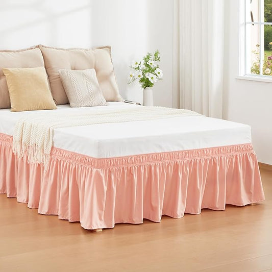 RIMELA Peachy Coral Bed Skirt King Size 15 Inch Drop, Elastic Bed Skirting for Bed Base and Frame, Bedding Dust Ruffle Easy to Install, Wrap Around Adjustable Bedskirt