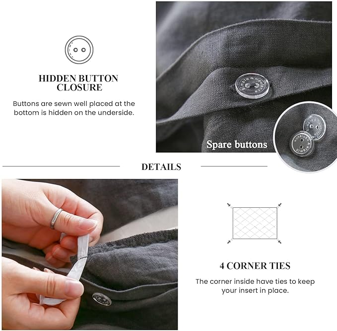 Simple&Opulence 100% Linen Duvet Cover Set, 3 PCS Natural French Flax Dark Grey Ruffle Duvet Cover King Size, Breathable Comfy Linen Bedding Comforter Cover with 2 Pillowcases (Dark Grey, 104" X 92")
