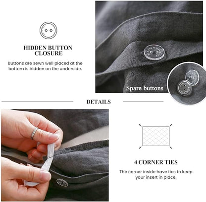 Simple&Opulence 100% Linen Duvet Cover Set, 3 PCS Natural French Flax Dark Grey Ruffle Duvet Cover King Size, Breathable Comfy Linen Bedding Comforter Cover with 2 Pillowcases (Dark Grey, 104" X 92")