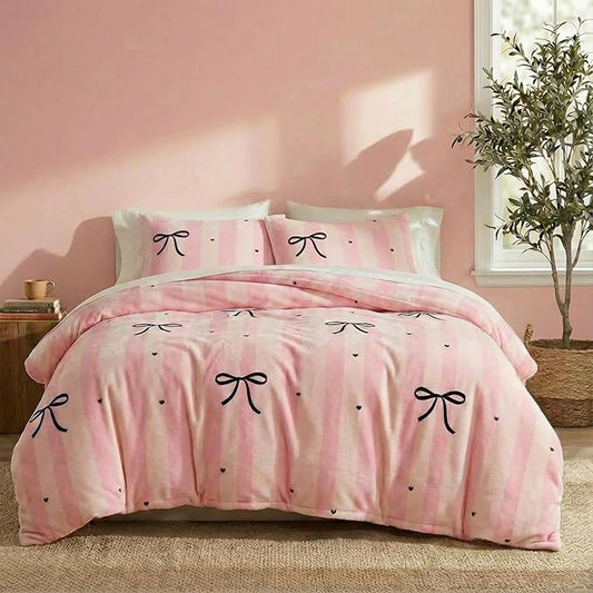 Bedbay Pink Striped Fleece Comforter Set Queen Size Girls Bow Comforter Soft Warm Fleece Velvet Bedding Set Pink Stripes Cute Bow Tie Pattern Fluffy Queen Bed Set 3 Pcs for Boys Girls Teen