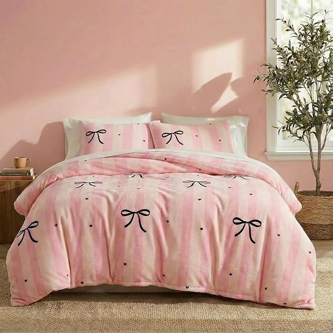 Bedbay Pink Striped Fleece Comforter Set King Size Girls Bow Comforter Soft Warm Fleece Velvet Bedding Set Pink Stripes Cute Bow Tie Pattern Fluffy Queen Bed Set 3 Pcs for Boys Girls Teen