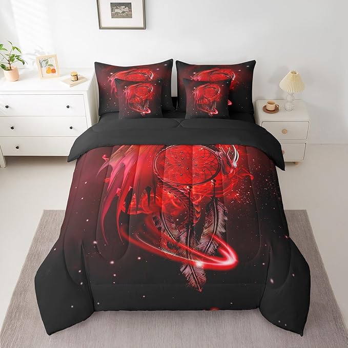 Erosebridal Gothic Dragon Dream Catchers Bed in a Bag Queen Comforter Set 7 Piece,Red Galaxy Bohemian Feather Bedding Sets Antique Animal Pterosaur Sheet Set with Comforter