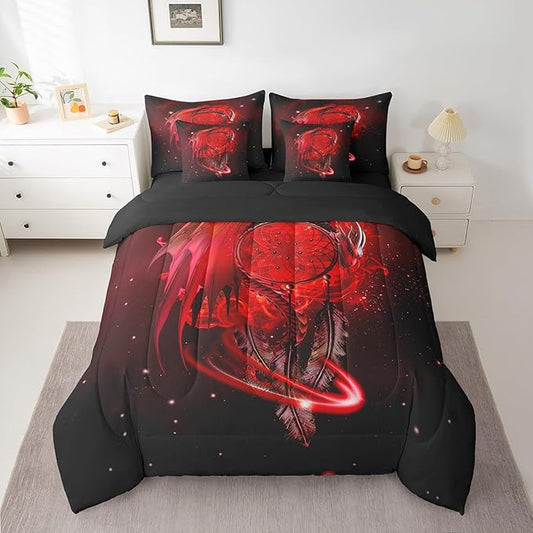 Erosebridal Gothic Dragon Dream Catchers Bed in a Bag Queen Comforter Set 7 Piece,Red Galaxy Bohemian Feather Bedding Sets Antique Animal Pterosaur Sheet Set with Comforter