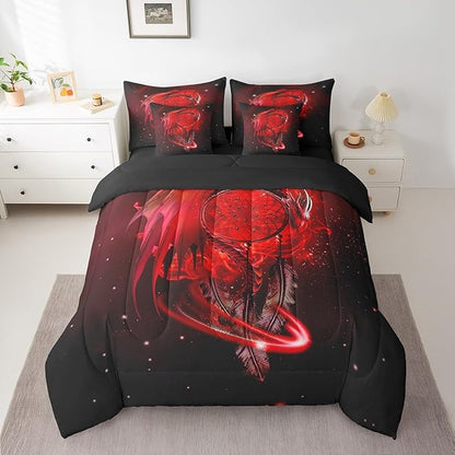 Erosebridal Gothic Dragon Dream Catchers Comforter Set 7 Piece Bed in a Bag Twin,Red Galaxy Bohemian Feather Bedding Sets Antique Animal Pterosaur Sheet Set with Comforter