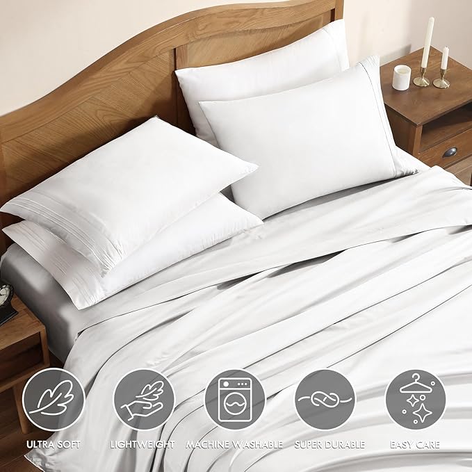 ClevaHome Sheet Set Full Size, 4-Piece Bedding, Lightweight & Super Soft Easy Care Microfiber– Shrinkage & Fade Resistant Bedding Set with 14'' Deep Pockets (Pearl White)