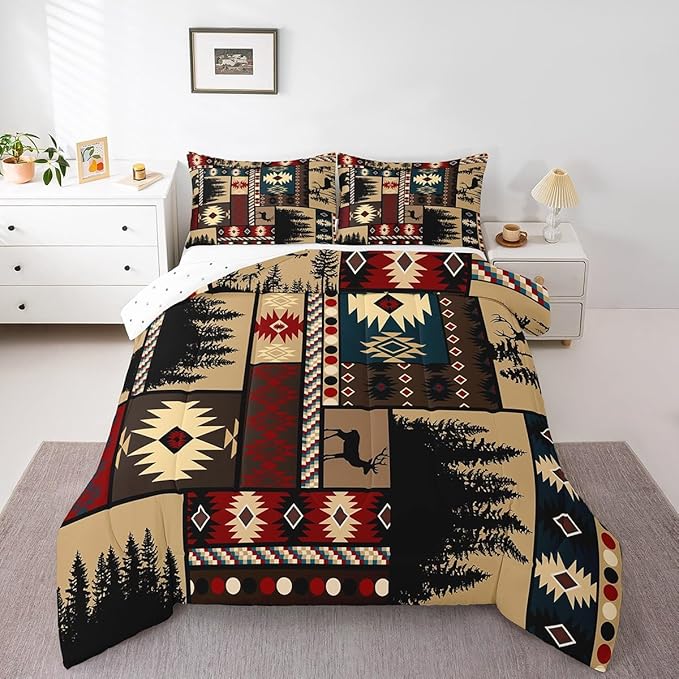 Feelyou Boho Comforter Set King Size Rustic Comforter for Boys Girls Teens Cabin Bedding Set Vinatge Duvet Set Room Decor Brown Quilt Set