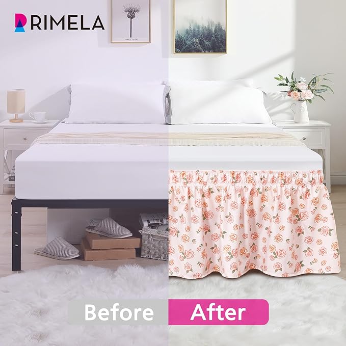 RIMELA Pastel Rose Bed Skirt Queen Size 15 Inch Drop, Elastic Bed Skirting for Bed Frame, Bedding Dust Ruffle Easy to Install, Lightweight Wrap Around Adjustable Bedskirt,Bedroom Decor