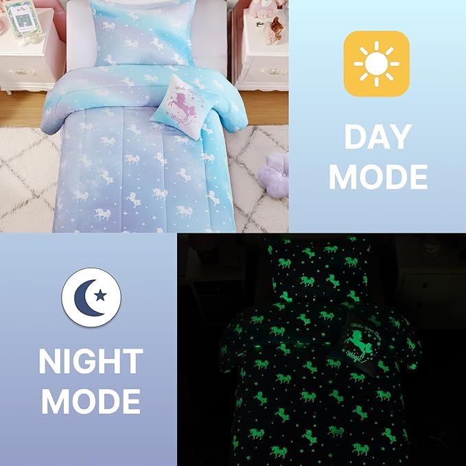 Full Size Comforter Set for Girls-4 Pieces Unicorn Glow in the Dark Full Bedding Sets for Kids, 1 Comforter, 2 Shams and 1 Decor Pillow