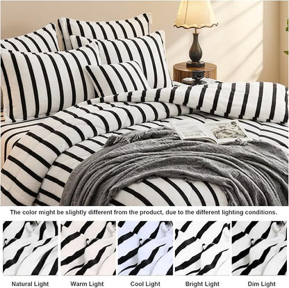 Bedbay Striped Comforter Set Fluffy Fleece King Size Comforter Set Black White Striped Bedding 3 Pcs Ultra Soft Plush Flannel Velvet Fuzzy Bedding Set Stripes Pattern Queen Bed Set for All Seasons
