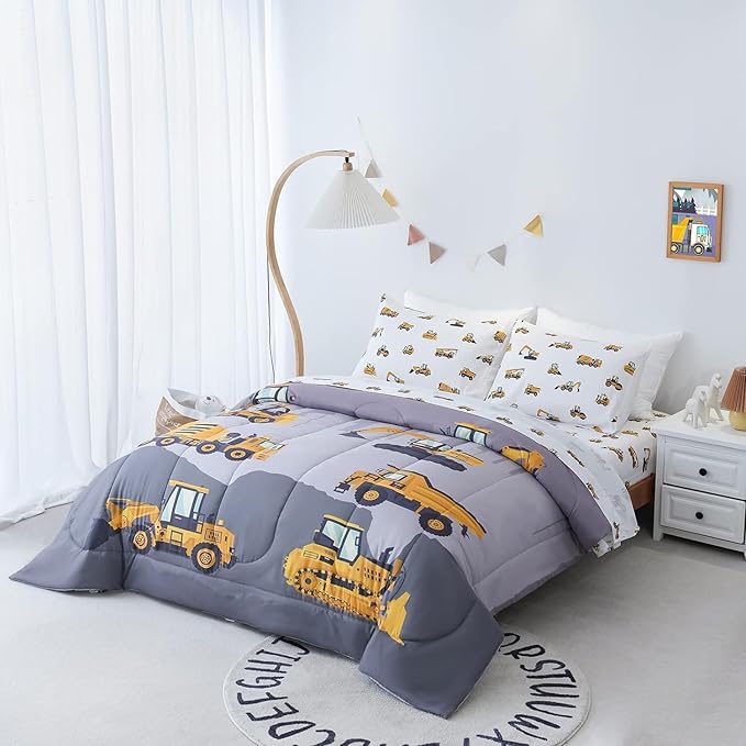 Cokouchyi Full Size Comforter Set for Boys, 5-Piece Bed in a Bag, 3D Construction Bedding Comforter Sheet Set, Ultra Soft and Fluffy, Cartoon Truck Cars