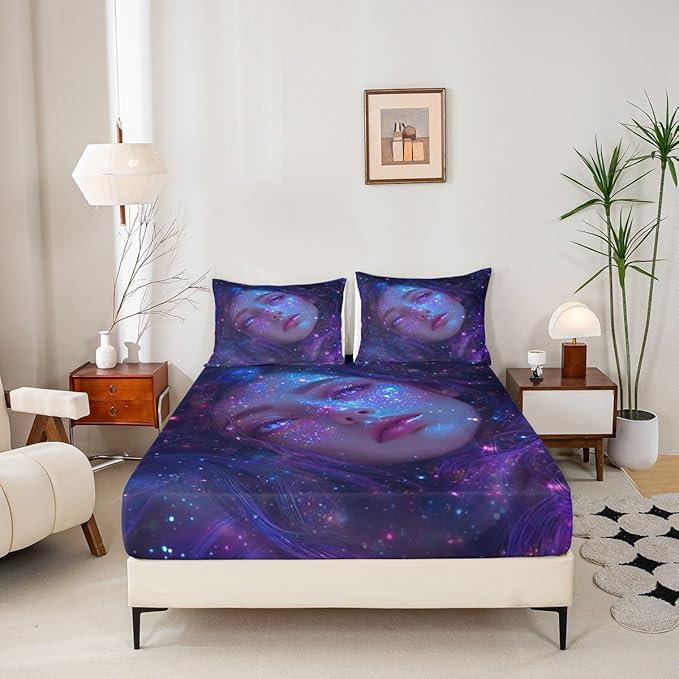 Erosebridal 3D Japanese Girl Fitted Sheet with Glitter Stars Decorations Galaxy Bed Sheets Full Size 3 Pieces Anime Decor Bedding Set, Fashion Anime Gifts for Girls Sheets with 2 Pillowcases