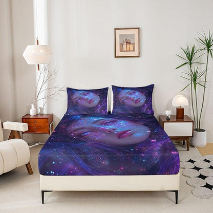 Erosebridal 3D Japanese Girl Fitted Sheet with Glitter Stars Decorations Galaxy Bed Sheets Full Size 3 Pieces Anime Decor Bedding Set, Fashion Anime Gifts for Girls Sheets with 2 Pillowcases