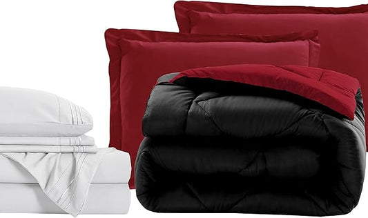 Elegant Comfort 7-Piece Queen Size Bed-in-a-Bag - Luxurious 1500 Thread Count Comforter & Sheet Set, Cozy Bed Sheets and Comforter Set, Wrinkle and Stain Resistant, Black/Burgundy