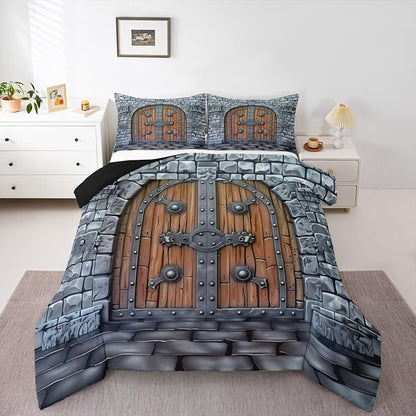 Castle Walls Twin Size Comforter Set,Medieval Themed Duvet Set Soft Bed Collection,Knight Wall Bedding Comforter for Boys Girls Bedroom,2 Pcs