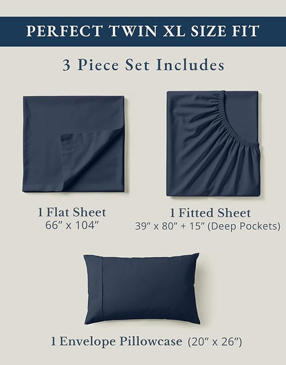 LANE LINEN 100% Organic Cotton Mercerized Twin XL Sheet Set, Reinforced Seams Machine Washable Extra Long Twin Bedding Set, Luxury Hotel Quality Cotton Sheets - Navy