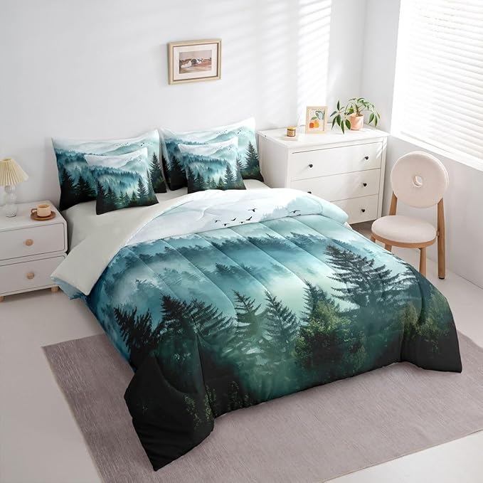 Erosebridal Foggy Mountain Twin Bed in A Bag 7 Piece Green Forest Pine Tree Comforter Set with Sheets Nature Misty Woodland Bedding Sets for Kids Adults,Flying Bird Bed Set