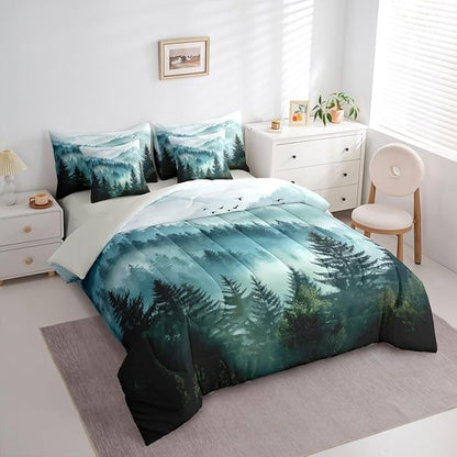 Erosebridal Foggy Mountain Twin Bed in A Bag 7 Piece Green Forest Pine Tree Comforter Set with Sheets Nature Misty Woodland Bedding Sets for Kids Adults,Flying Bird Bed Set
