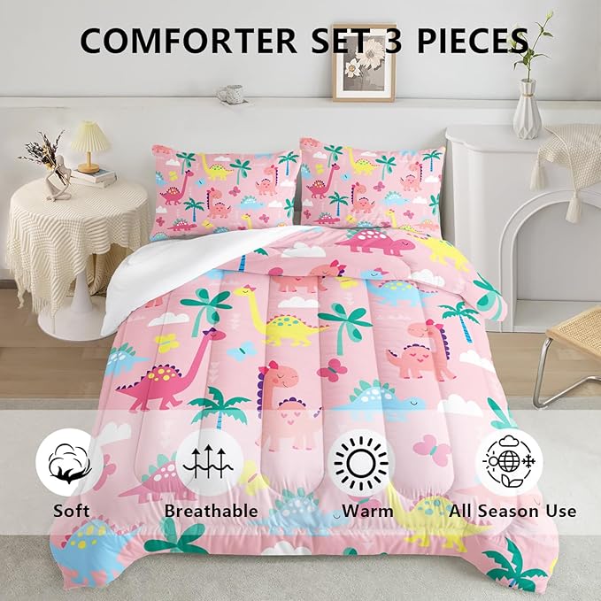 Axolotl Cute Dinosaur Comforter Set Twin,Colorful Dinosaur Girls Bedding Set,Dinosaurs Print Comforter Sets Botanical Palm Trees,Butterfly Bedding Set for Kids Girls Teens,1 Quilt 2 Pillowcases,Pink