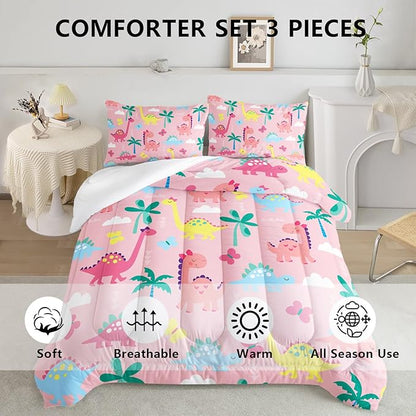 Axolotl Cute Dinosaur Comforter Set Twin,Colorful Dinosaur Girls Bedding Set,Dinosaurs Print Comforter Sets Botanical Palm Trees,Butterfly Bedding Set for Kids Girls Teens,1 Quilt 2 Pillowcases,Pink
