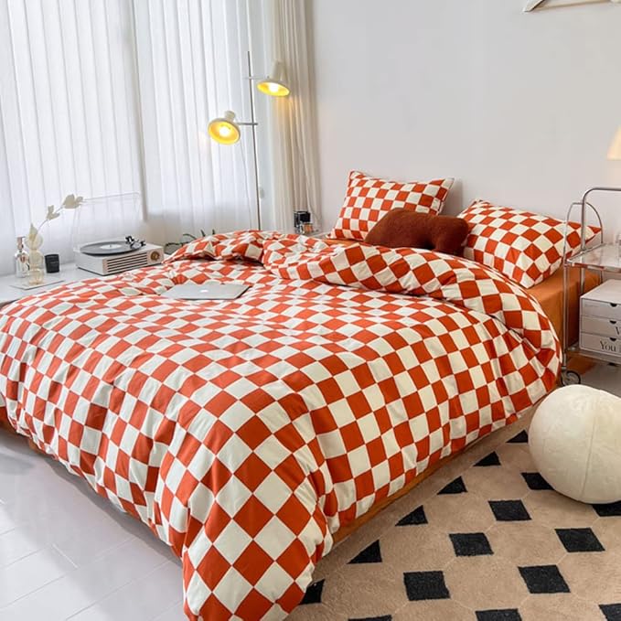 CLOTHKNOW Orange Plaid Full Size Comforter Set Grid Bedding Comforter Sets Terracotta Checker Comforter with 2 x Pillow Cases