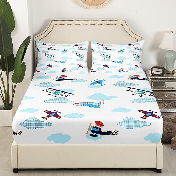 Kids Aircraft Bed Sheets Set Boys Teens Airplanes Fitted Sheet Blue White Clouds Bedding Set for Bedroom Decor Chic Gingham Sheet (Twin Flat Sheet & Fitted Sheet with 1 Pillow Case)