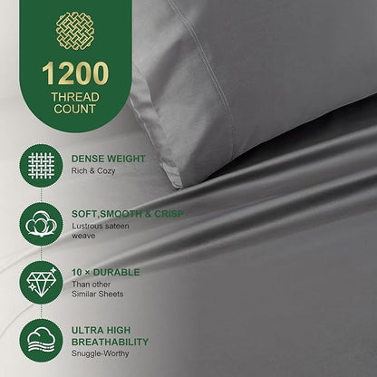 Ivellow 100% Egyptian Cotton Sheets Queen Size Set - 1200 Thread Count 6 PC 18" Deep Pocket Queen Size Bed Sheet Set，Luxury Soft Breathable Grey Cooling Sheet Sets Durable Hotel Quality Bedding