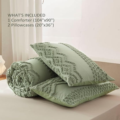 Luxudecor Sage Green Tufted Comforter Set King Size 3 Pieces Boho Shabby Chic Comforter Farmhouse Embroidery Bedding Set Soft Comforter for All Seasons (Sage Green, 104''x90'')