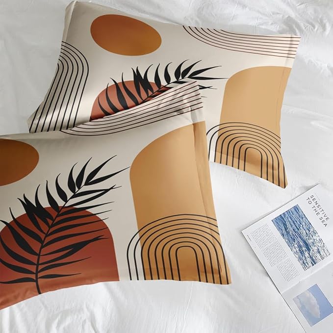 Comforter Set Queen Size, Boho Mid Century 7 Pcs Bedding for Kids and Adults, Sun Orange Leaves Bed Sheet Sets with Fitted Sheet 2 Pillowcase & 2 Sham for Bedroom Bed Decor