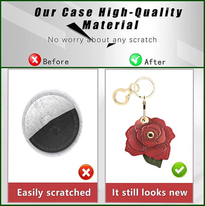 BORKUANA Leather Keychain Holder Case Compatible with AirTag,Cute Protective Cover with Keyring