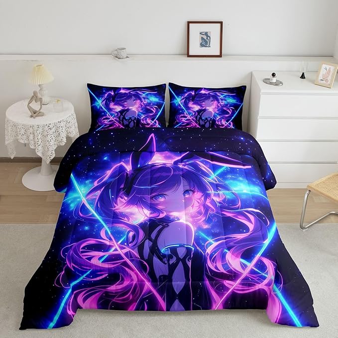 Erosebridal 3D Anime Kids Bedding | Japanese Girl Queen Comforter Sets,Girly Galaxy Stars Comforter Purple Neon Duvet Insert with 2 Pillow Cases