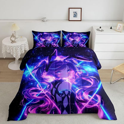 Erosebridal 3D Anime Kids Bedding | Japanese Girl Comforter Sets King,Girly Galaxy Stars Comforter Purple Neon Duvet Insert with 2 Pillow Cases
