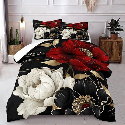 Floral Comforter Set Queen 3Pcs Red Black Vintage Flower Bedding Set for Women Retro Elegant Aesthetic Bedding Super Soft Down Alternative Comforter Sets with 2 Pillowcases