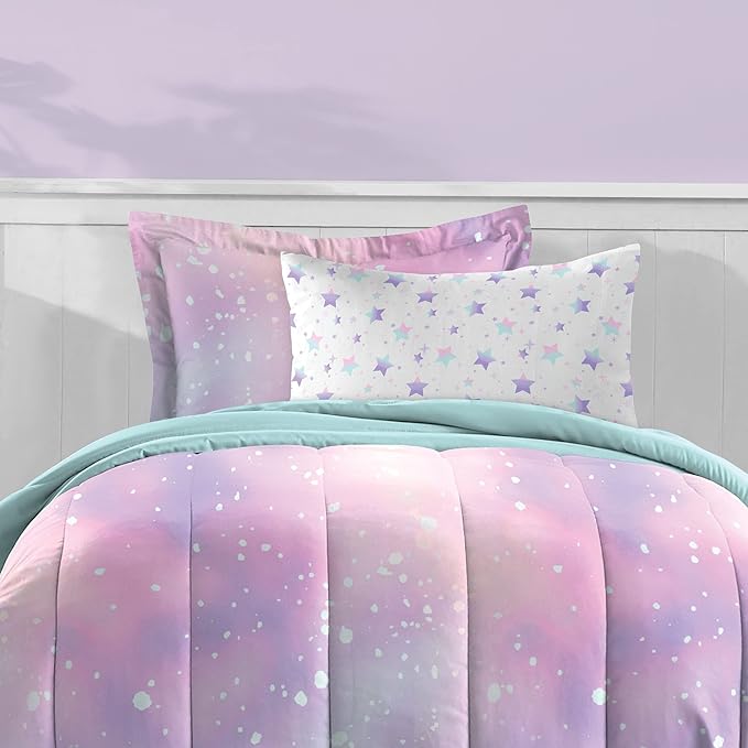 Dream Factory Kids 7-Piece Complete Bed Set Easy-Wash Super Soft Microfiber Comforter Bedding, Full, Pink Twilight Galaxy Stars