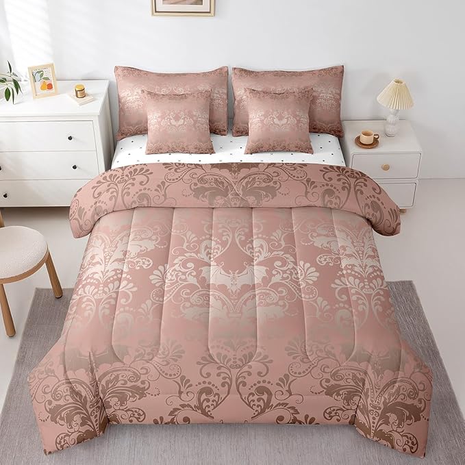 Erosebridal Gothic Damask 7 Piece Comforter Set Full Bed in a Bag,Halloween Bat Bedding Sets Light Pink Victorian Floral Goth Sheet Set with Comforter